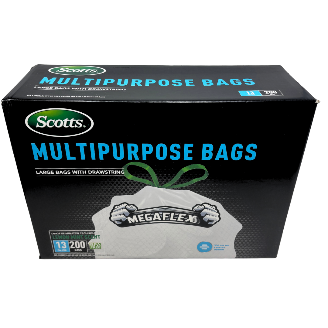 Scotts Muti Purpose Trash Bags 13 Gallon (200 bags) Mega Flex With Drawstring Lemon Mint Scent
