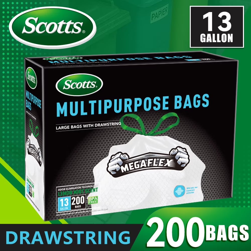 Scotts Muti Purpose Trash Bags 13 Gallon (200 bags) Mega Flex With Drawstring Lemon Mint Scent