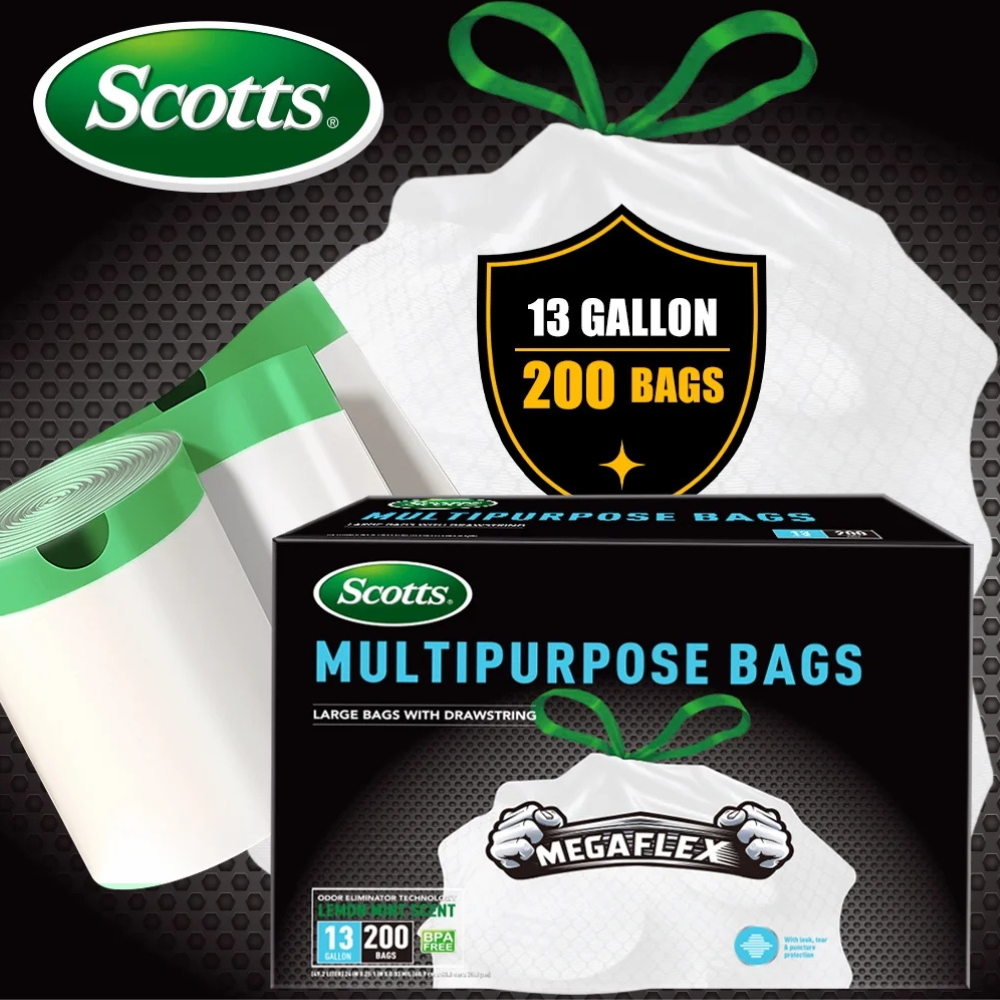 Scotts Muti Purpose Trash Bags 13 Gallon (200 bags) Mega Flex With Drawstring Lemon Mint Scent