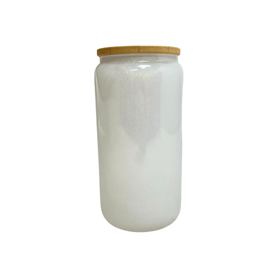 16 oz Sublimation Blank White Diamond Glitter Glass Jar Tumbler Bamboo Lid