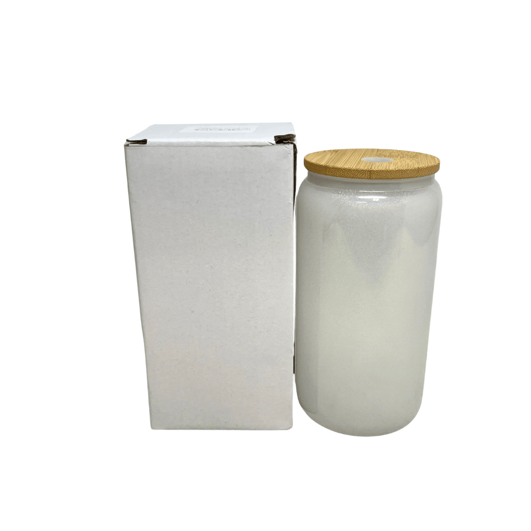 16 oz Sublimation Blank White Diamond Glitter Glass Jar Tumbler Bamboo Lid