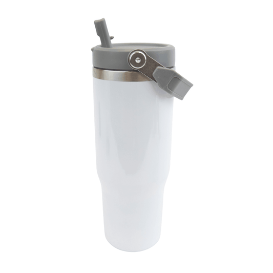 30oz Glossy Tumbler With Handle and Grey Lid White Flip Top