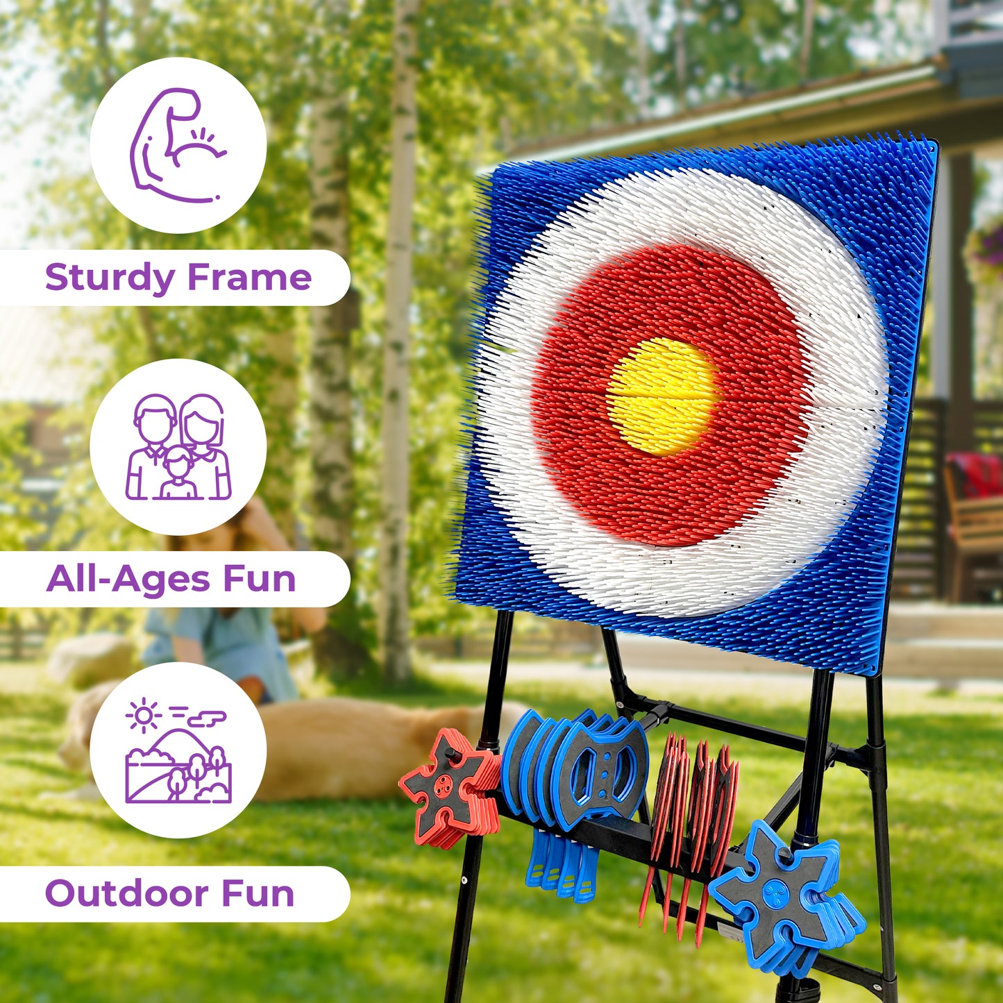 PlayMattix Axe Target Board- Axe Throwing Bristle Target with 8 Throwing Axes and 8 Stars Set- Perfect for Adults or Children