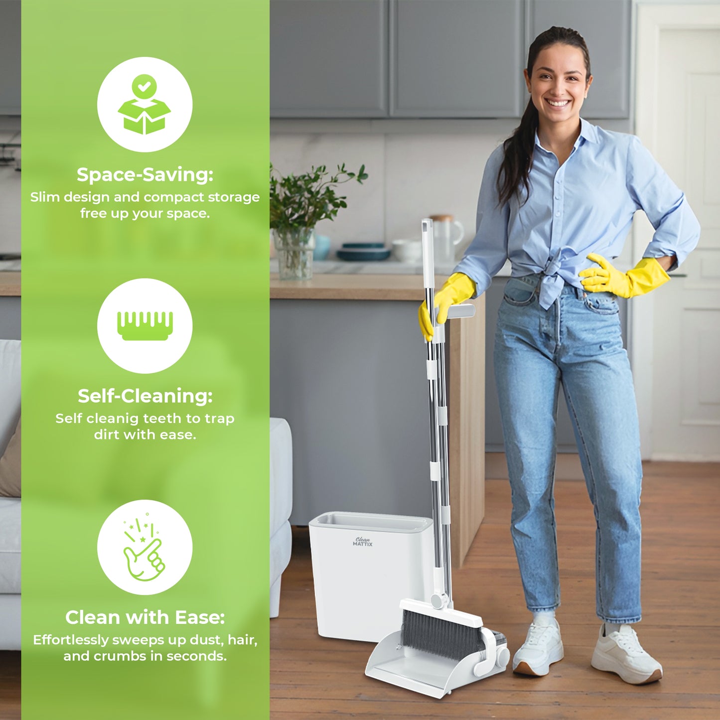 DustDockPro by CleanMattix- Premium 3-in-1 Broom, Dustpan, and Bin/Trashcan