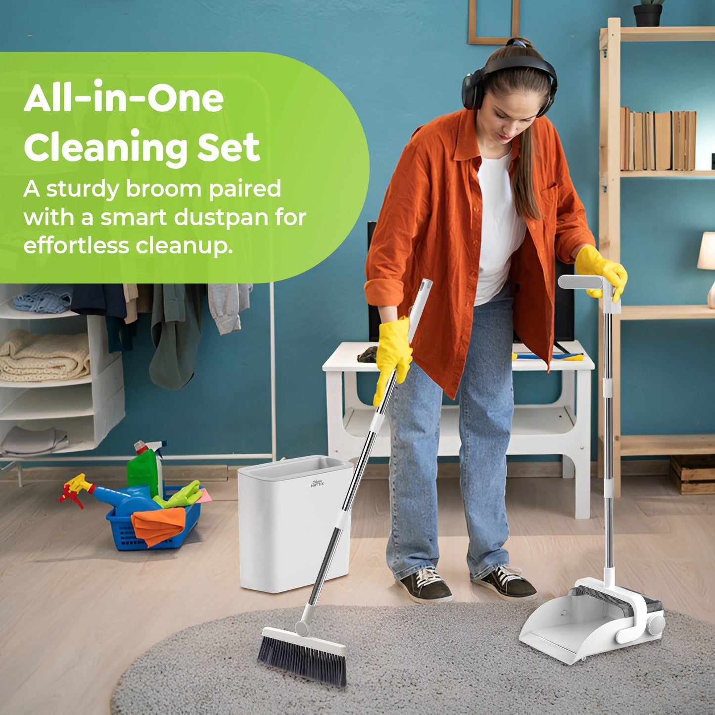 DustDockPro by CleanMattix- Premium 3-in-1 Broom, Dustpan, and Bin/Trashcan