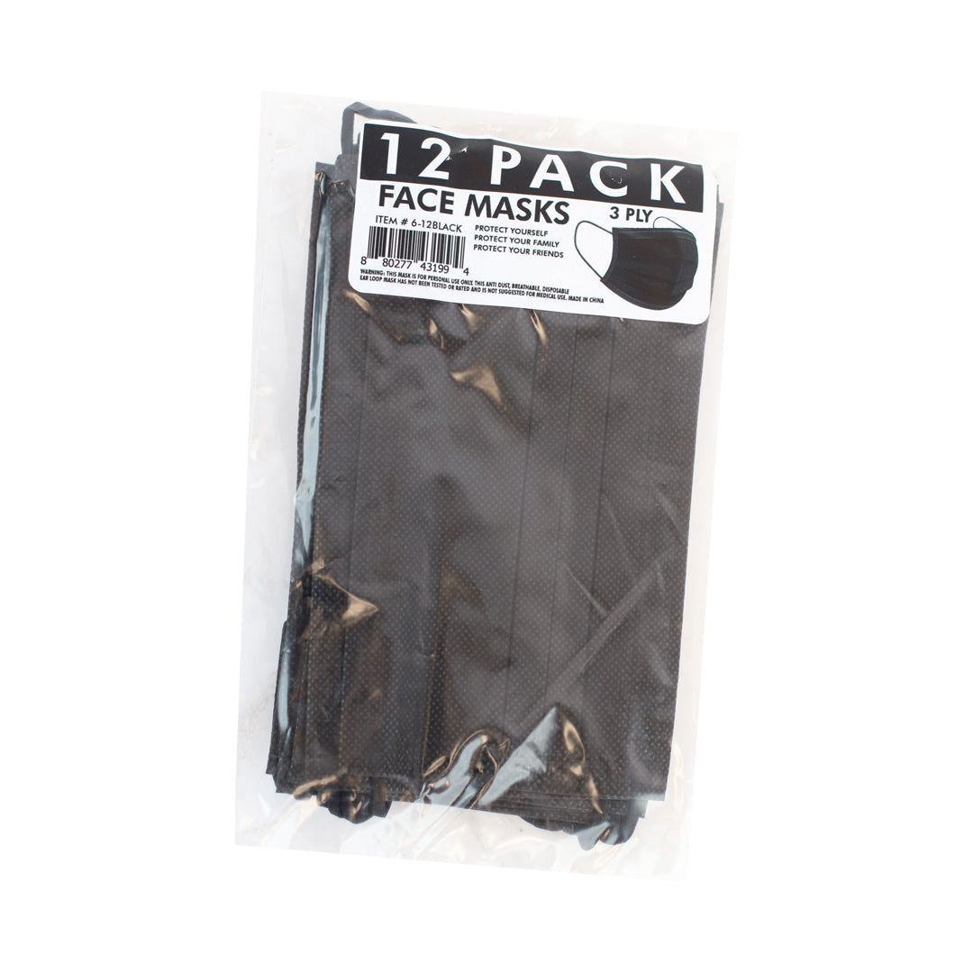 Black 3ply Adult Disposable Face Masks 12 Count