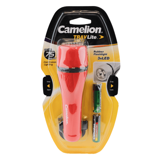 Camelion Rubber Flashlight 3 LED TRAVlite, Includes 2 AA Batteries!!