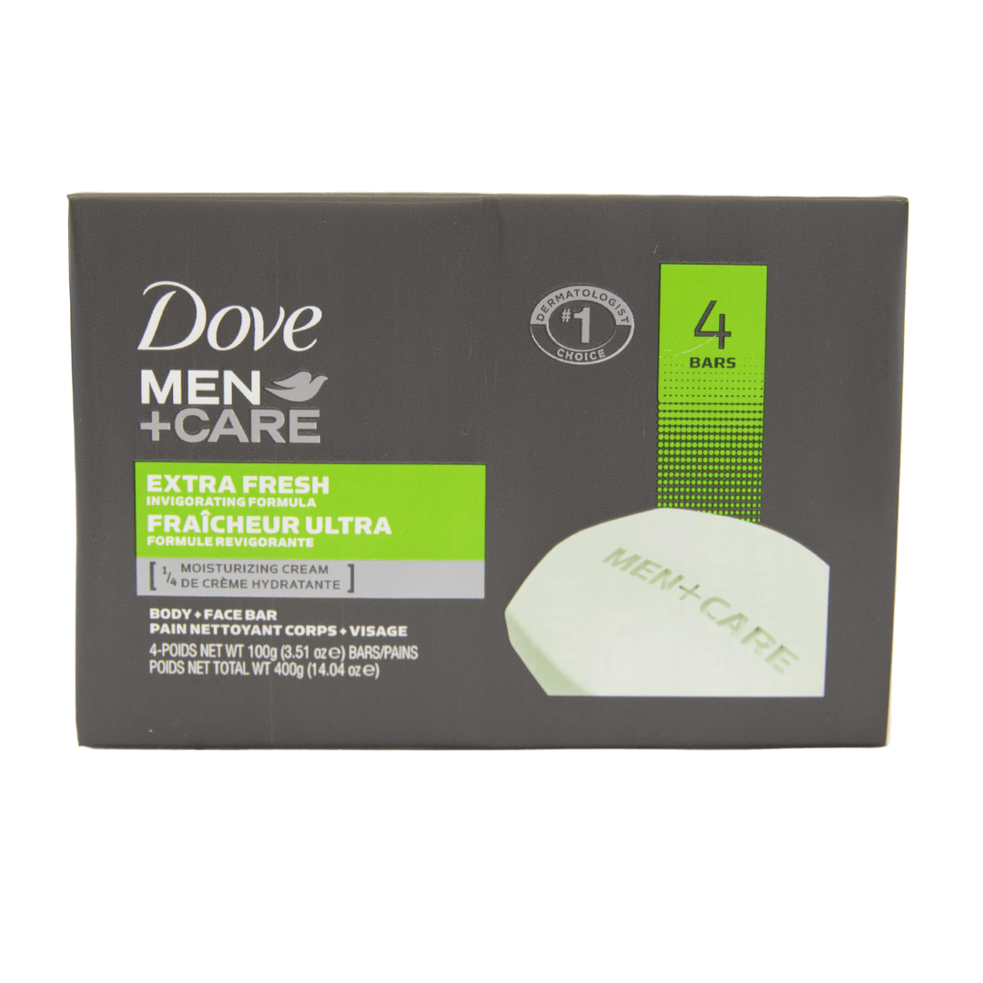 Dove Men's 4 Pack Bar Soap Extra Fresh with 1/4 Moisturizing Cream, 4 Count
