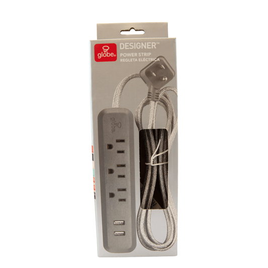 Globe Designer Power Strip Grey 2 USB 6ft Braided Cord