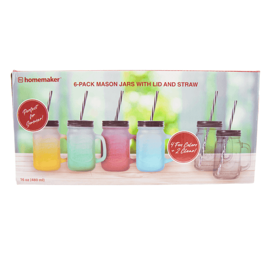 Homemaker 6 Pack Glass Mason Jar Set With Lids & Straws