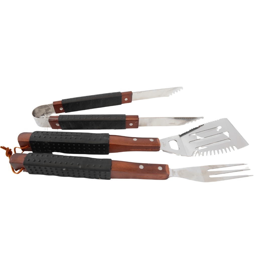 Just Grill It 3 Piece BBQ Tool Set Wood with Rubber Grip