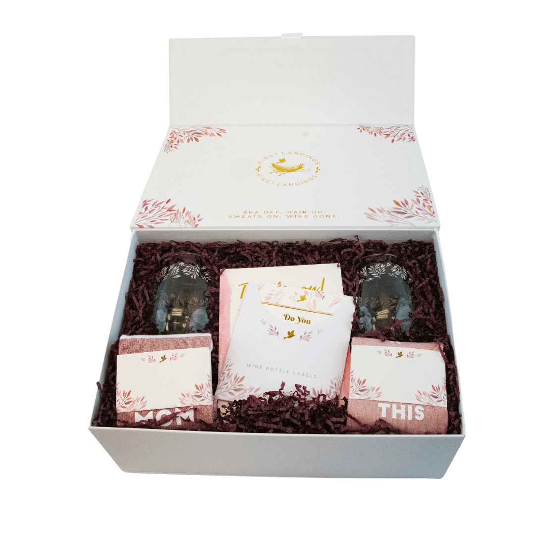 New Mom Coping Kit Gift Set with Wine Glasses, Wine Stopper and Socks