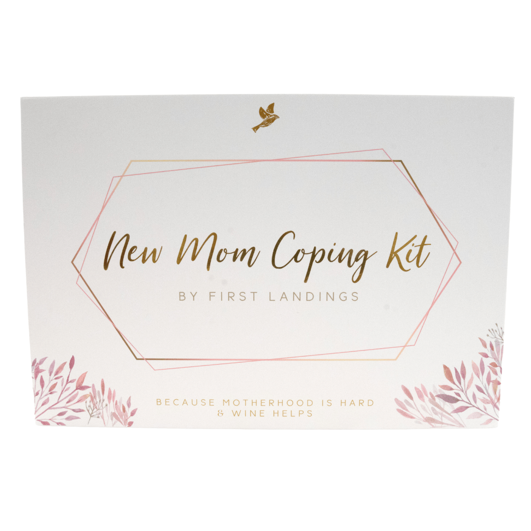 New Mom Coping Kit Gift Set with Wine Glasses, Wine Stopper and Socks