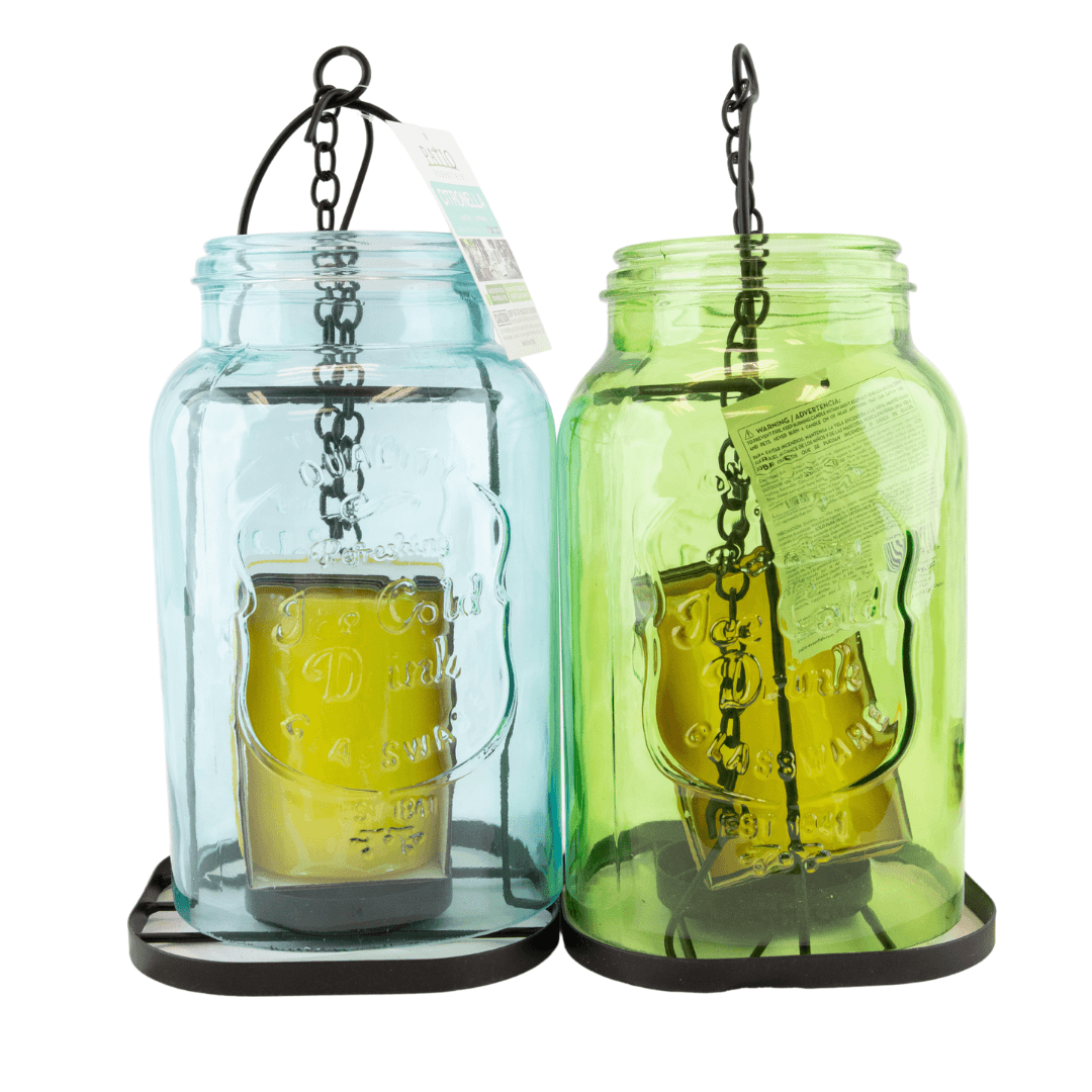 Patio Essentials Glass Mason Jar Lantern with Citronella Candle, Blue or Green