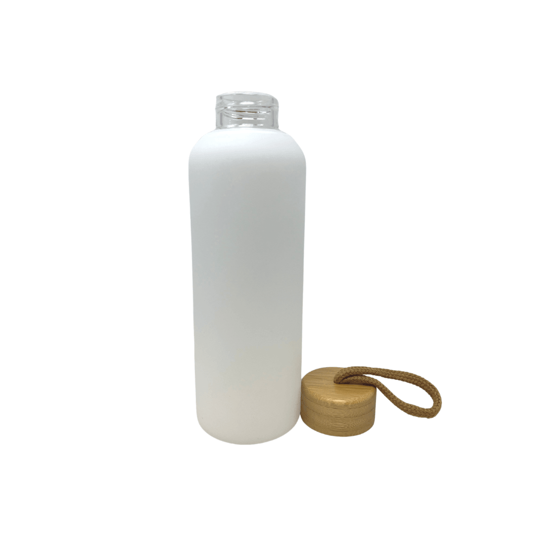 White Glass Water Bottle with Bamboo Lid 20 oz