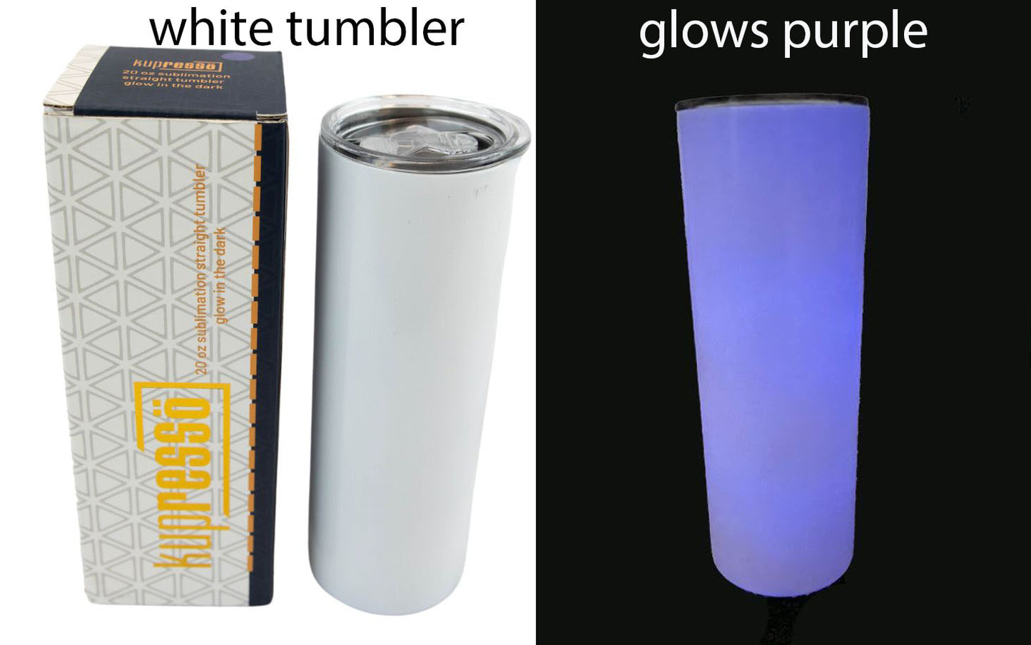 20oz Sublimation and Laser Etch Kupresso White Glow Green or Purple Straight Skinny Tumbler